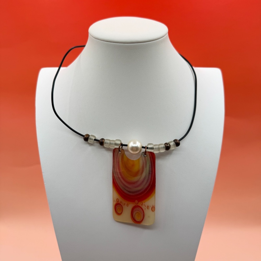 Artisan Red Orange Abstract Pendant Black Cord Beaded Boho Statement Necklace